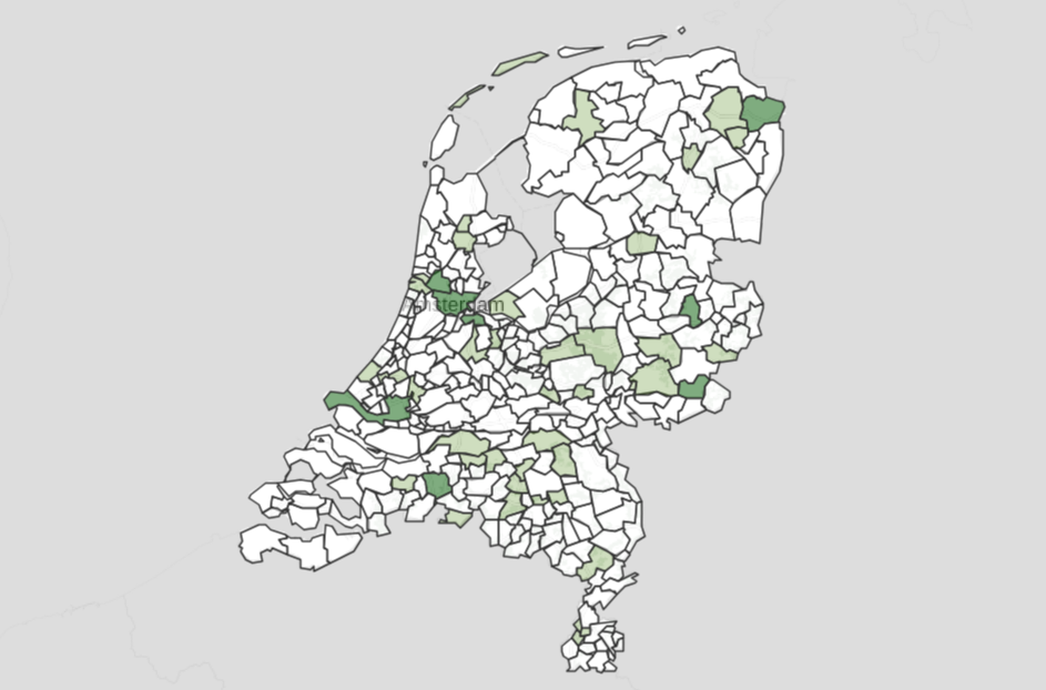 Kaart van Nederland met de overheden die beschikkingen openbaar maken, uit het onderzoek Beschikkingen in Beeld